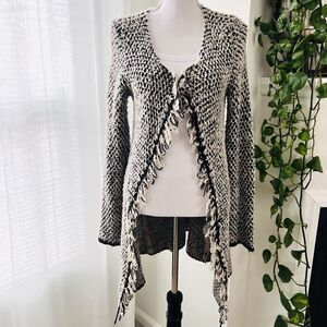 Lo. Ri. Black & White Knitted Super Soft Fringed Boho Waterfall Open Cardigan S